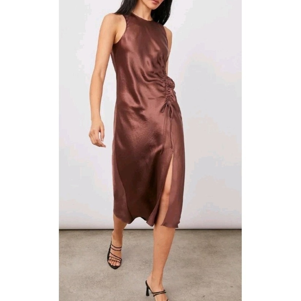 Rails Gabriella Brown Satin Slip Dress Midi Size Small Side Slit Quiet Luxury‎